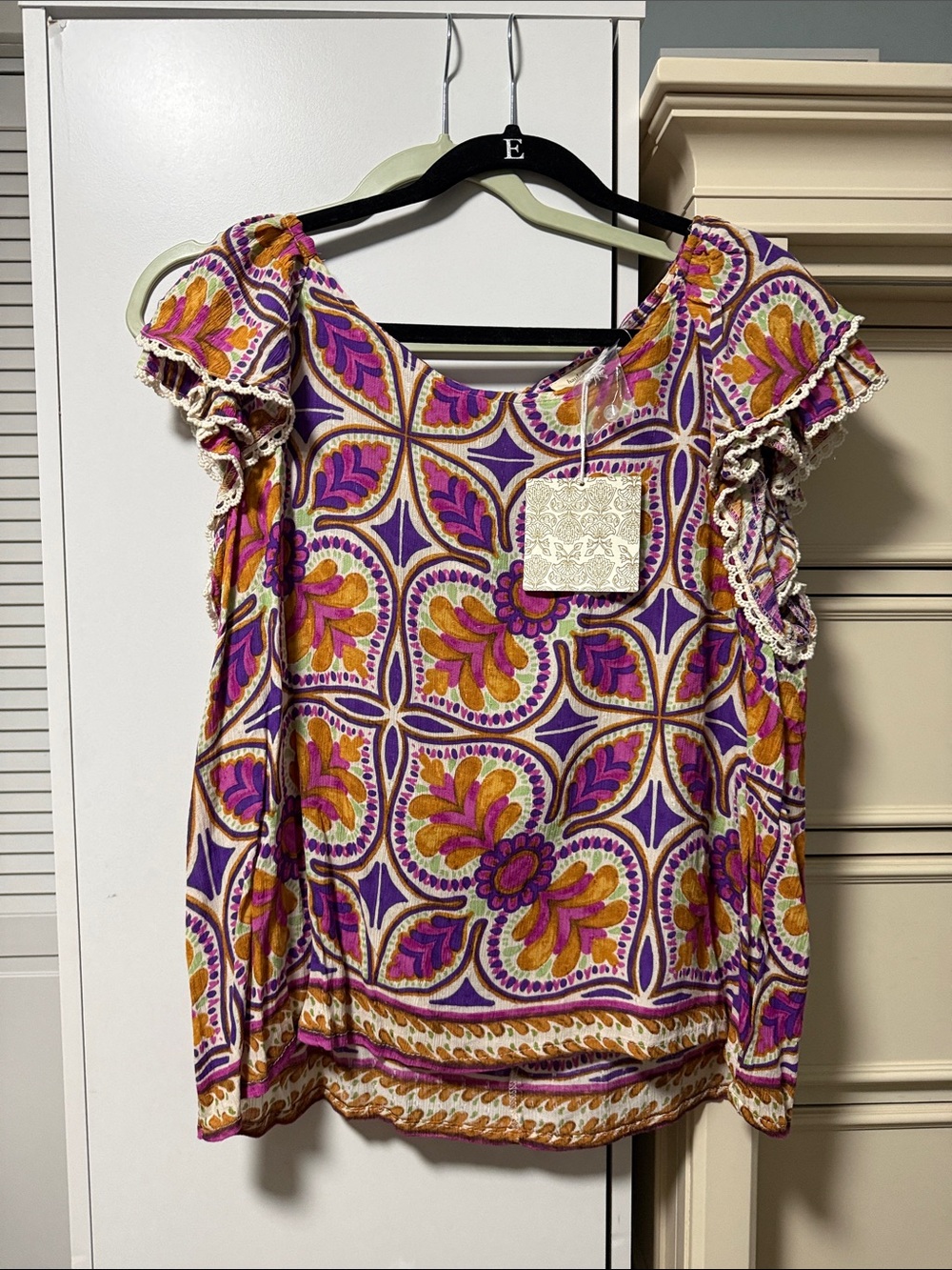 Haute Hippie Purple & Pink Floral Tile Ruffle Sleeve Top